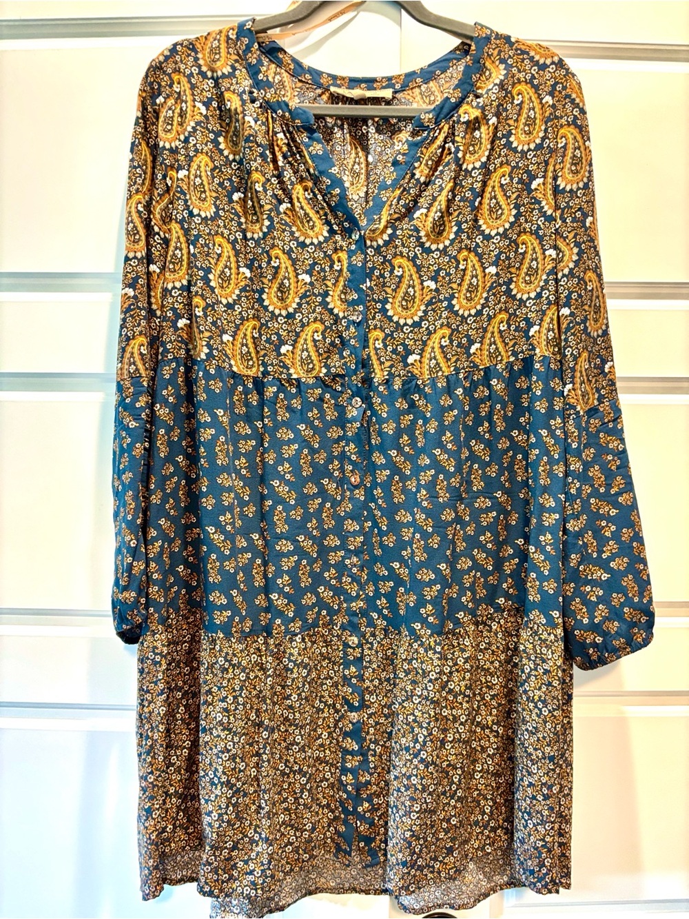 Boho Floral Paisley Tiered Dress in Peacock Blue and Mustard